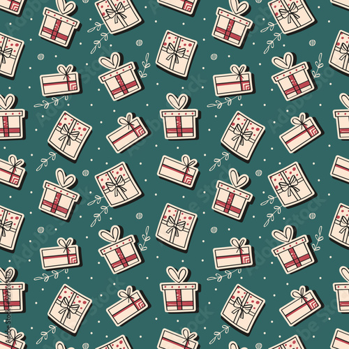 Gift pattern with elements in doodle style. Presents, confetti and spruce branches. Vector holiday background. New Year mood.