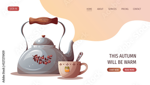 Kettle and cup of tea with spoon. Cozy home, drink, breakfast concept. Vector illustration. Website banner template.