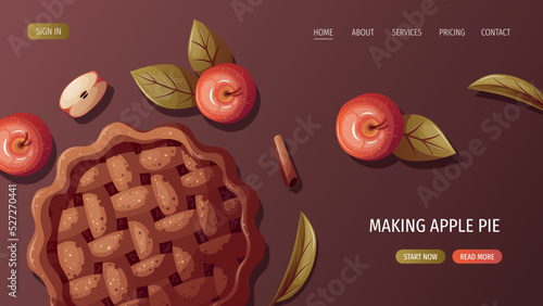 Apple Pie and apples. Food, cooking, recipes, healthy eating, baking, cake, thanksgiving day concept. Vector illustration. Website, banner template.