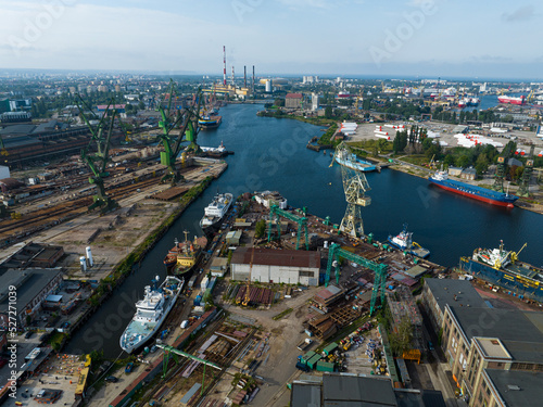 Cranes in Gdansk Shipyard Aerial View. Motlawa River Industrial Part of the City Gdansk, Poland. Europe. 