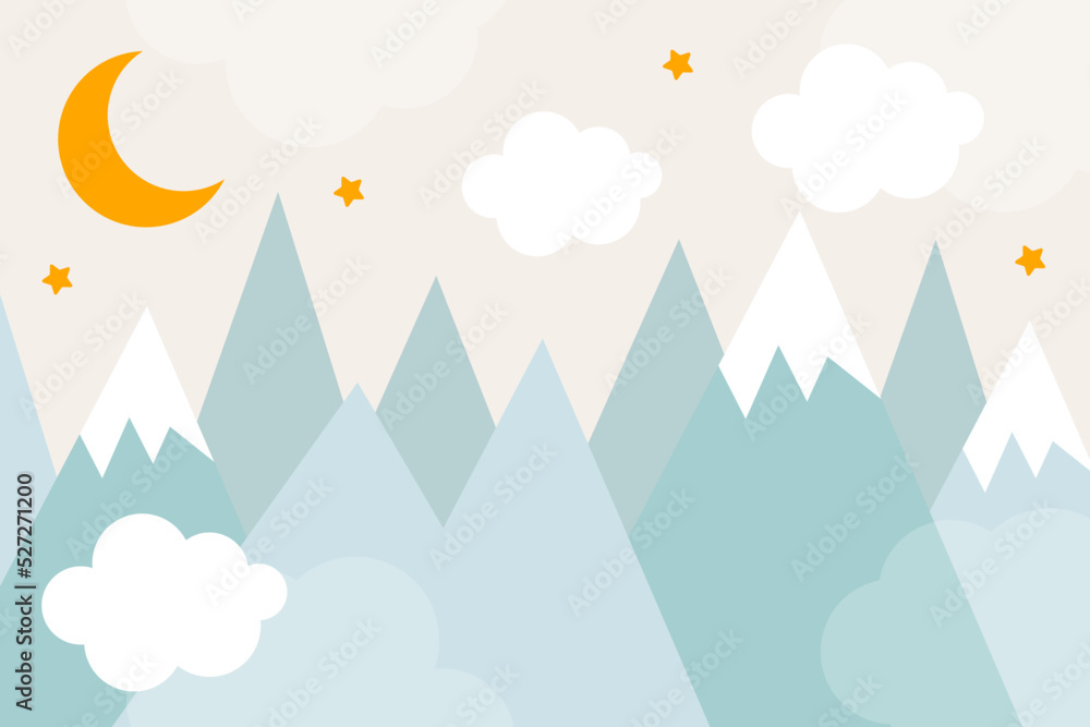 Vector hand drawn modern mountain landscape with stars, clouds and moon. Cute children's 3d wallpaper in scandinavian style. Children's room design.	
