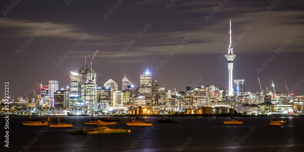 Stunning Cityscape of Auckland City at Night, Viewed from Across the Harbour, in New Zealand