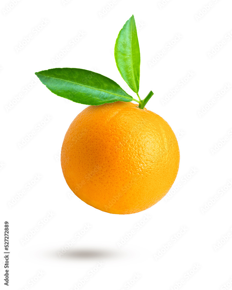 Orange fruit with green leaves flying in the air isolated on white background. Orange fruit with green leaves flying in the air isolated on white background.