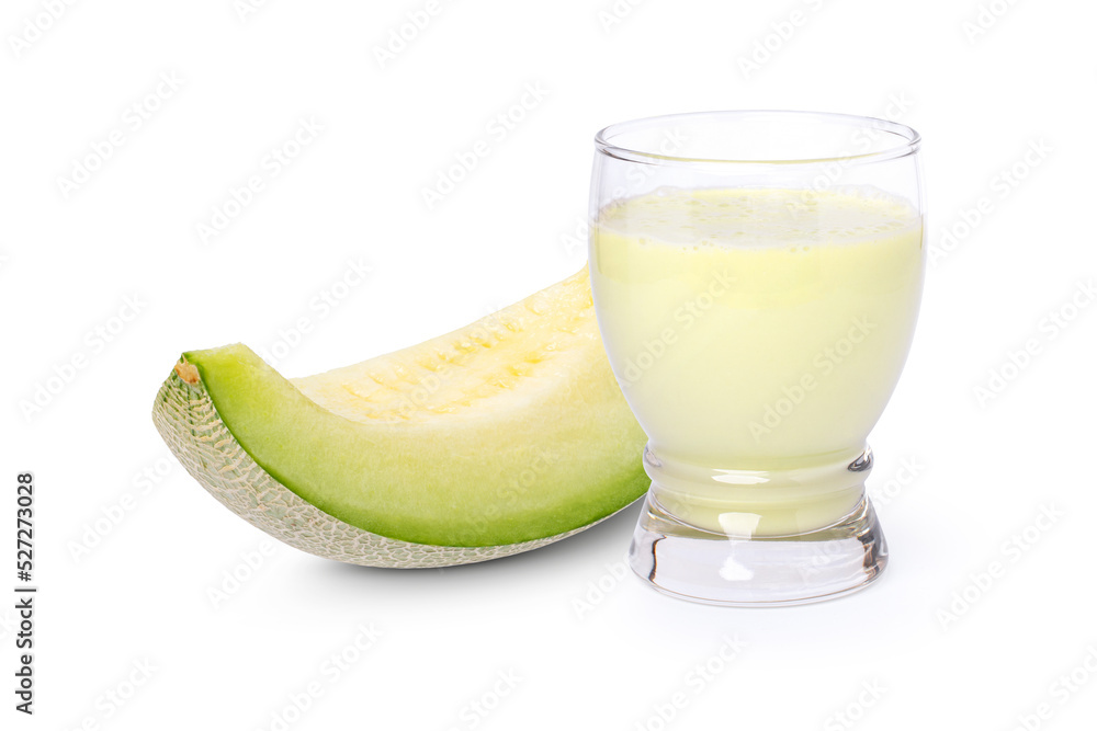 Obraz na plátně Green melon smoothie juice and melon fruit cut sliced isolated on white background