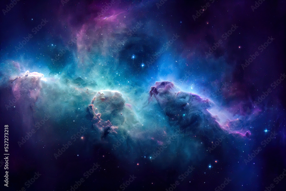 Illustration of a space cosmic background of supernova nebula and stars, glowing mysterious universe - obrazy, fototapety, plakaty 