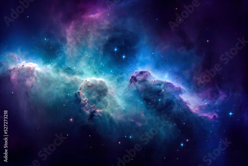 Illustration of a space cosmic background of supernova nebula and stars, glowing mysterious universe