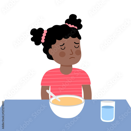 Girl child feel not hungry concept vector illustration on white background. Kids doesn’t want to eat. No appetite.