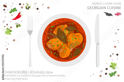 World cuisine guide. Georgian cuisine. Chakhokhbili stew isolated on white, infograpic photo