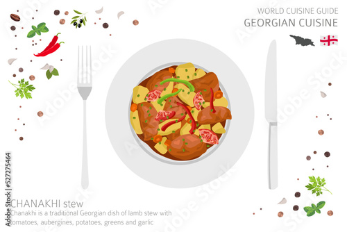 World cuisine guide. Georgian cuisine. Chanakhi stew isolated on white, infograpic