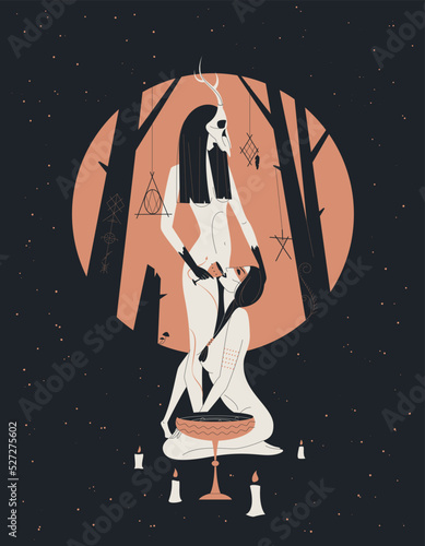 Two witches woman performs magic dark ritual or rite near altar in the sacred forest in the light of the full moon at night. Witchcraft runic flat vector illustration. 