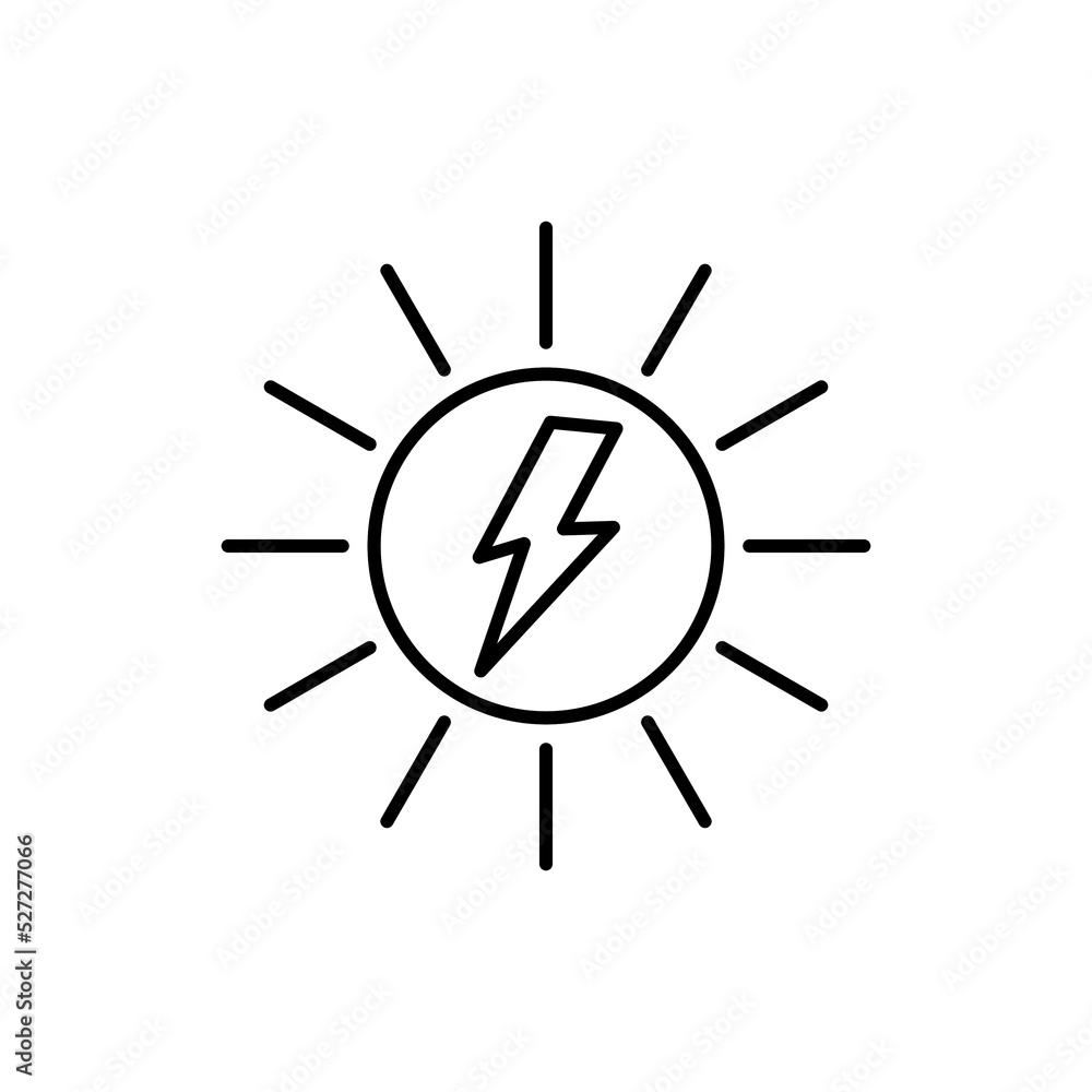 Solar power line icon. Lightning bolt inside sun with arrow. Renewable energy concept. Sustainable energy sources. Clean energy generation. Nature conservation. Vector illustration, flat, clip art. Solar power line icon. Lightning bolt inside sun with arrow. Renewable energy concept. Sustainable energy sources. Clean energy generation. Nature conservation. Vector illustration, flat, clip art.