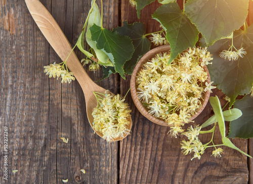 Fresh flowers of linden or linden cordate on a wooden table and in a wooden bowl