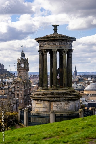 Beautiful view of Edinburgh, Scotland from Calton Hill with the Dugald Stewart monument photo