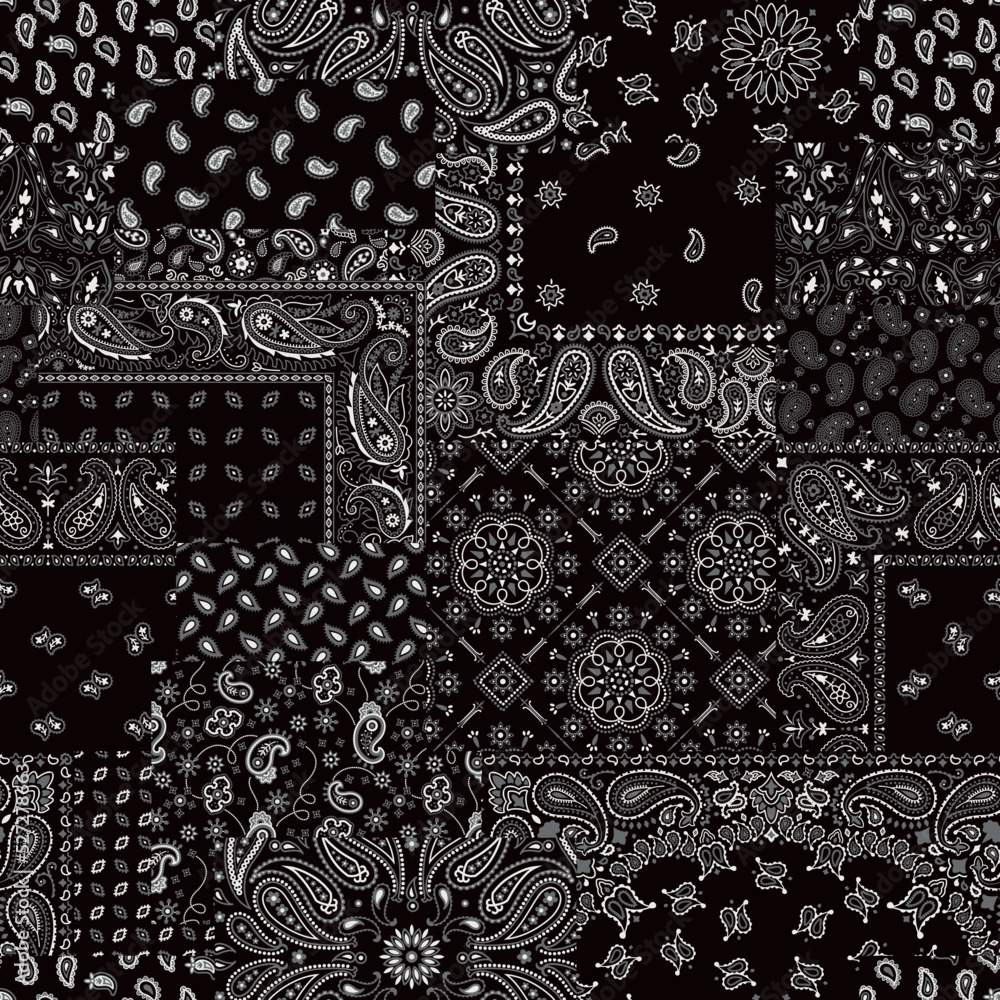 Black paisley bandana fabric patchwork abstract vector seamless pattern  Stock ベクター | Adobe Stock