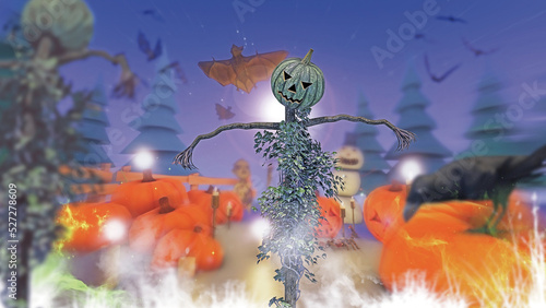 Spaventa passeri e pipistrello con zucche di halloween photo
