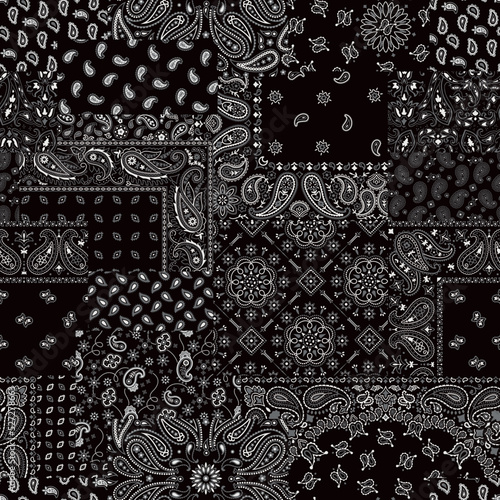 Black paisley bandana fabric patchwork abstract vector seamless pattern photo