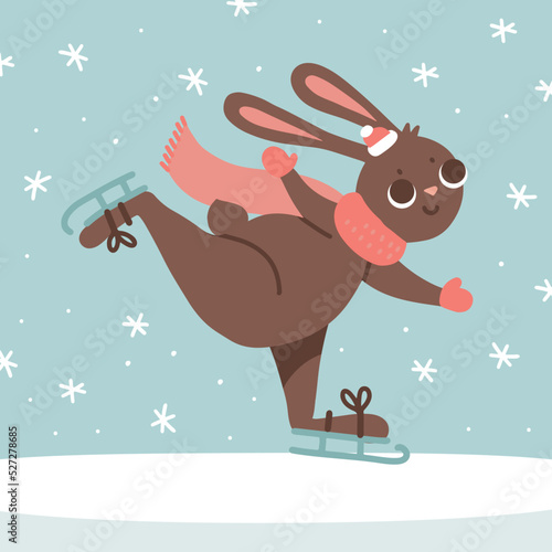 Happy new year greeting card with cute bunny character wearing knitted scarf and hat. The rabbit is skating on ice. Vector flat hand drawn illustration.