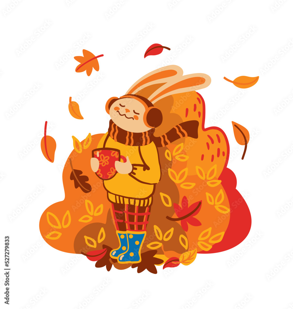 Cute rabbit drink morning coffee and enjoy autumn scenery. Hello autumn. Vector illustration. Cute rabbit drink morning coffee and enjoy autumn scenery. Hello autumn. Vector illustration.