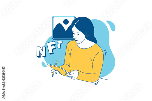 Illustrations of Beautiful NFT creator drawing NFT art with a tablet design concept