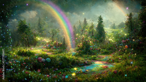 Foto Magical rainbow in fairy tale forest as fantasy wallpaper