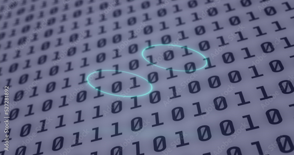 Image of neon circles over digital screen with binary code Image of neon circles over digital screen with binary code