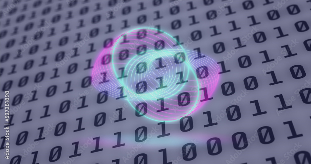 Obraz premium Image of neon circles over digital screen with binary code