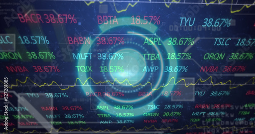 Image of scope scanning with qr code over stock market on black background