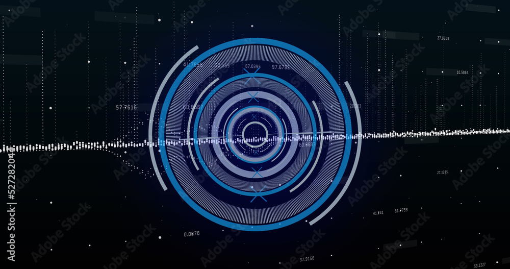 Image of neon round scanner over data processing against black background Image of neon round scanner over data processing against black background