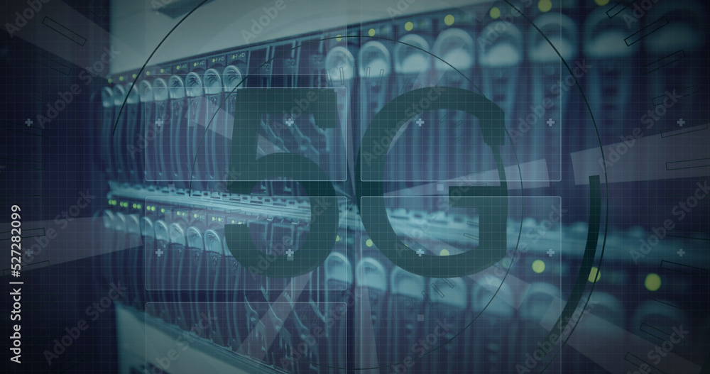 Obraz premium Image of 5g text banner and round scanners over close up of a computer server