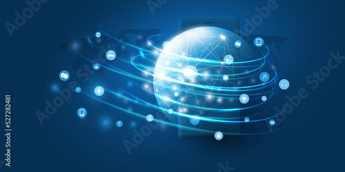 Abstract Blue Modern Style Cloud Computing, Networks, Global Telecommunications and IoT Concept Design, Network Connections Around a Polygonal  Globe and a Smart Phone - Creative Vector Illustration