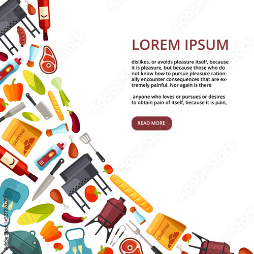 BBQ background. fried delicious meat for outdoor preparing on barbecue grill tomatoes and vegetables. Vector design for print menus template