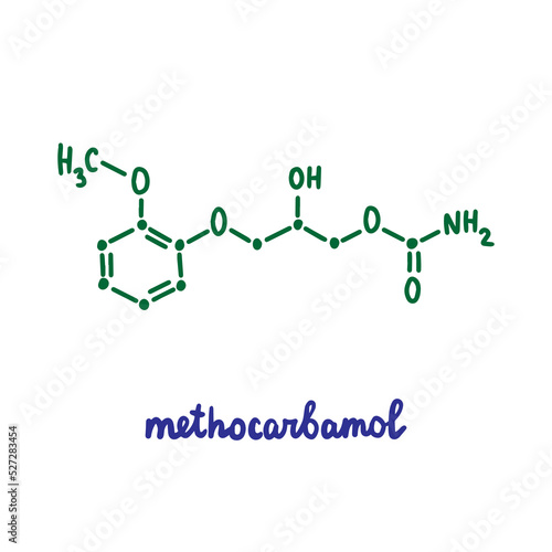 Methocarbomol hand drawn vector formula chemical structure lettering blue green