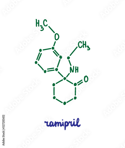 Ramipril hand drawn vector formula chemical structure lettering blue green photo