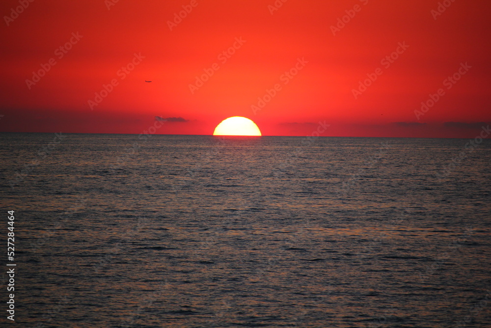 bright pink sunset and big sun over the sea