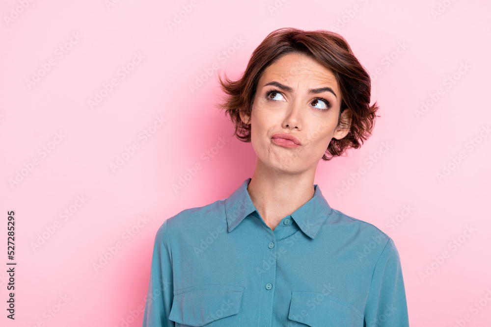 Closeup photo of young adorable pretty nice cute woman pouted lips look empty space curious new information unsure shopping sale isolated on pink color background Closeup photo of young adorable pretty nice cute woman pouted lips look empty space curious new information unsure shopping sale isolated on pink color background
