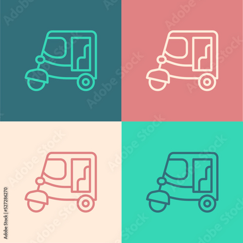 Pop art line Taxi tuk tuk icon isolated on color background. Indian auto rickshaw concept. Delhi auto. Vector