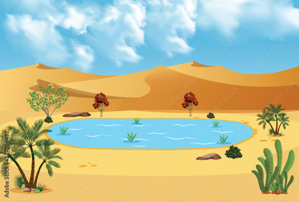 A nice desert scene with pond and many trees background