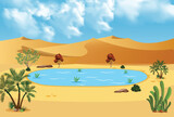 A nice desert scene with pond and many trees background