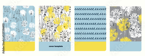 Set of cover page templates with dandelions. Based on seamless patterns. Headers isolated and replaceable. Perfect for school notebooks, diaries