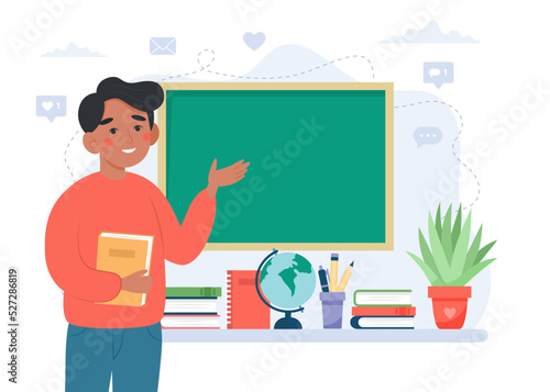 Teacher in classroom. School and learning concept, teacher s day. Cute vector illustration in flat cartoon style