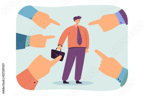 Human hands pointing at employee flat vector illustration. Bullying, conflict, stress, victim, violence, occupation concept for banner, website design or landing web page