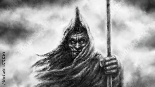Foto Angry dark warrior with spear is watching
