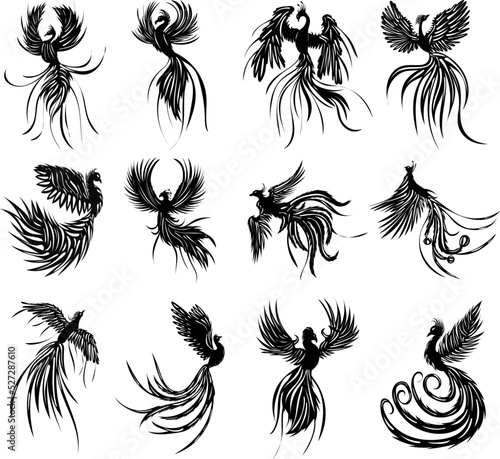 phoenix birds, firebird set silhouette isolated, vector