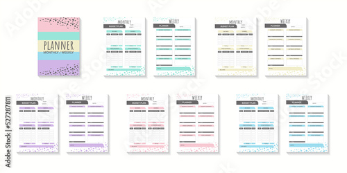 Minimalistic planner page templates. Weekly and day organizers. Graphic paper organization vector set. Minimalist design in pastel colors