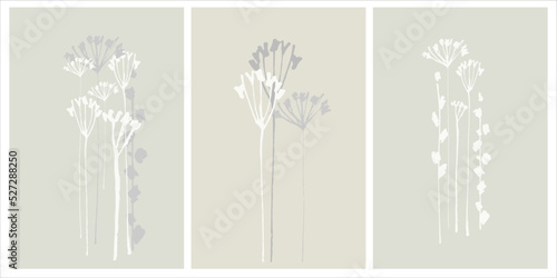 Home decor printable line art. Set of hand drawn vector brush-like paintings of flowers on backgrounds with brushstroke textures. Contemporary design for prints, posters, cards, textile