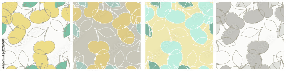 Seamless patterns set with apples for surface design, posters, illustrations. Isolated elements on light-coloured background. Healthy foods, veganism theme