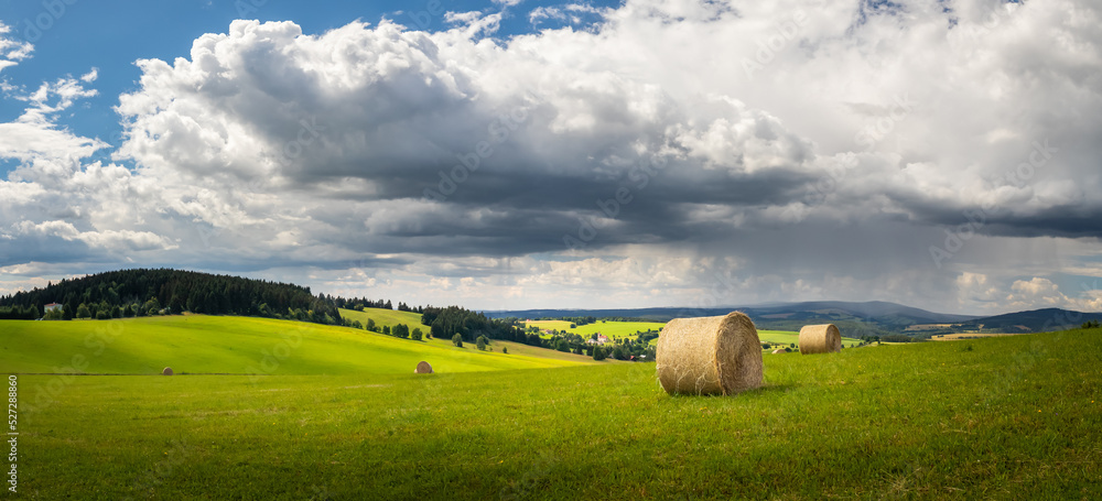 Fototapeta premium summer landscape with a field with hay bales and blue sky with white clouds