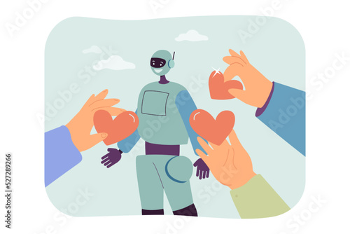 Hands of community giving hearts to robot. Respect and gratitude from people to machine for good job flat vector illustration. Tech innovation concept for banner, website design or landing web page