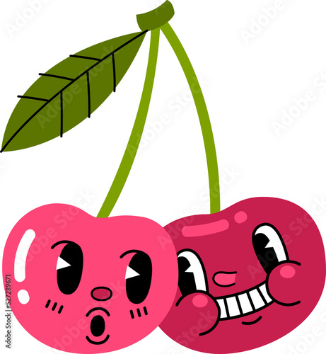 Funny 30 th cartoon cherries characters for print design. Colorful vector illustration. Summer season. Vegetarian food.