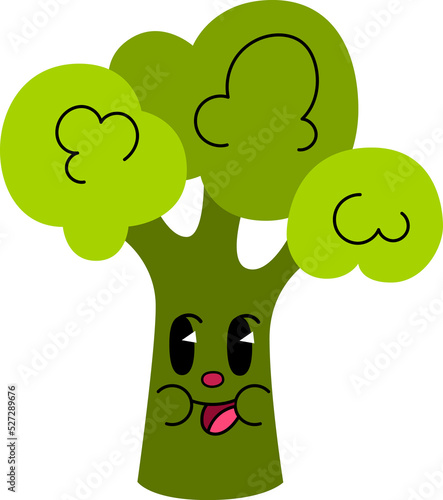 Funny 30 th cartoon broccoli character for print design. Colorful vector illustration. Summer season. Vegetarian food.